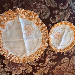 Vintage Orange‎ & White Crochet Circle Doilies 2PC Set